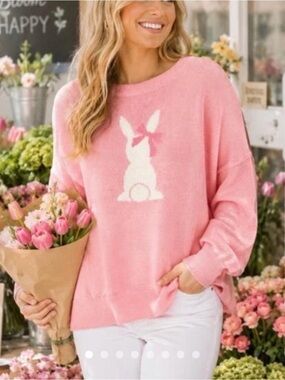 Vince Camuto Coral Pink Bunny Sweater with Bow Accent